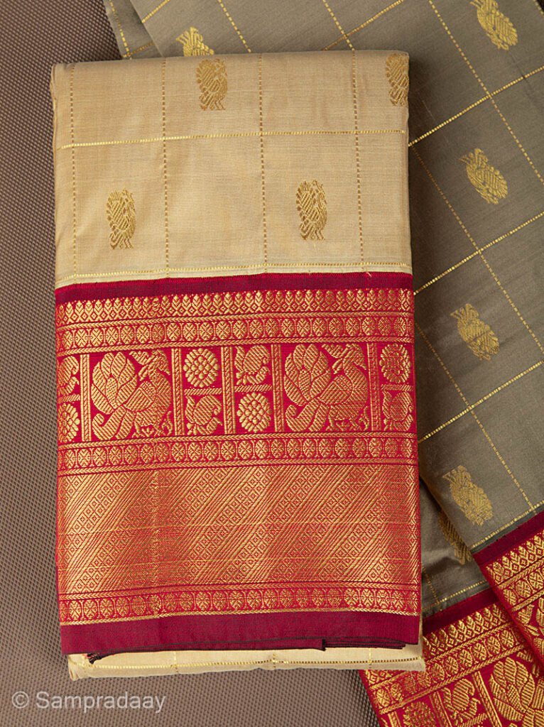 Saraswathi Checks - Beige - Pure kanchipuram Saree